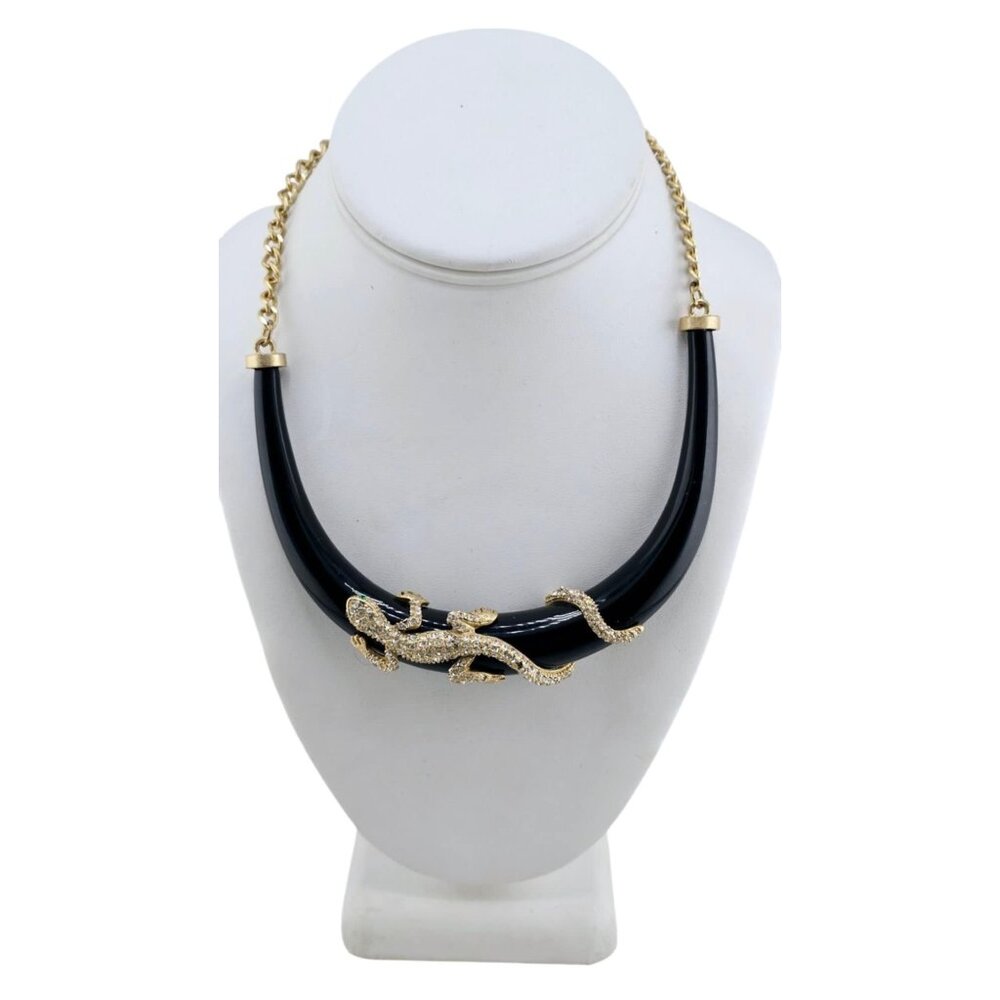 Vintage 90s ABS Rhinestone Lizard Collar Necklace Black Enamel Statement Piece